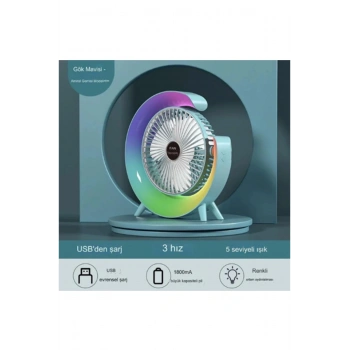 Masaüstü Vantilatör Usb Şarjlı Rgb Led Işıklı 3 Kademeli 180° Ayarlanabilir Soğutucu Fan Mavi