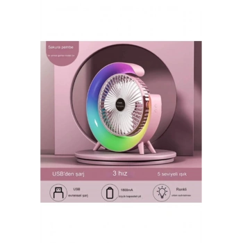 Masaüstü Vantilatör Usb Şarjlı Rgb Led Işıklı 3 Kademeli 180° Ayarlanabilir Soğutucu Fan Pembe