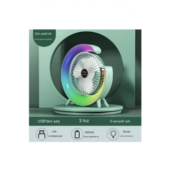 Masaüstü Vantilatör Usb Şarjlı Rgb Led Işıklı 3 Kademeli 180° Ayarlanabilir Soğutucu Fan Yeşil