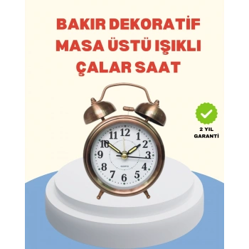 Metal Bronz Nostaljik Masa Saati Alarmlı Büyük Boy Sessiz Mekanizmalı