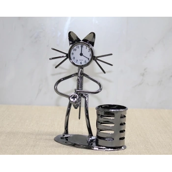 Metal Saksafon Çalan Kedi Müzisyen Saat Ve Kalemlik Alk4343