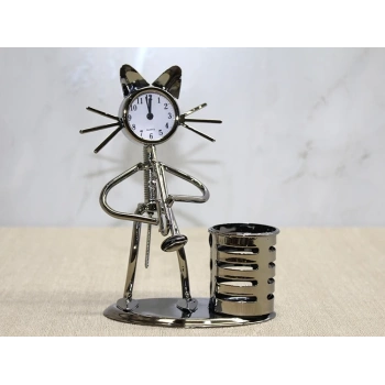 Metal Saksafon Çalan Kedi Müzisyen Saat Ve Kalemlik Alk4346