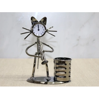 Metal Saksafon Çalan Kedi Müzisyen Saat Ve Kalemlik Alk4346