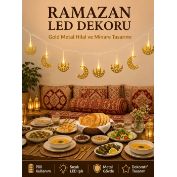 Minareli Hilal Led Işık Gold Metal Gövdeli Pilli Ramazan Dekoru