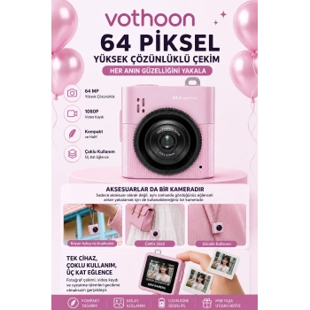 Mini Dijital Kamera 64mp 16x Digital Zoom Retro Vintage 1.4’’ekranlı Video Kamera Taşınabilir Tasarım Pembe