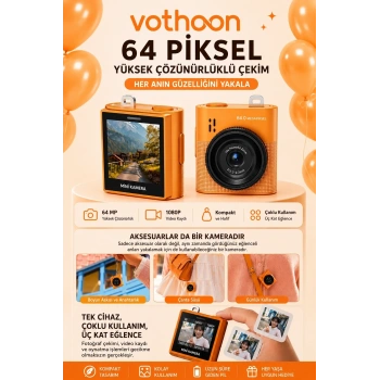Mini Dijital Kamera 64mp 16x Digital Zoom Retro Vintage 1.4’’ekranlı Video Kamera Taşınabilir Tasarım Turuncu