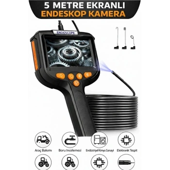 Monitörlü Tek Kameralı 5 Mt Sert Kablo Yılan Endoskop Kamera 5,5 Mm 4.3 Inc Ekran Ip67 Su Geçirmez