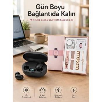 Nabız Ölçer Hediye Bileklikli Akıllı Saat Ve Dijital Göstergeli Bluetooth Kulaklık Çoklu Şarj Girişi