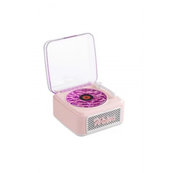 Nostalji Mini Plak Görünümlü Radyolu Bluetooth Hoparlör 3d Ses Dalgası Retro Müzik Plak Pembe