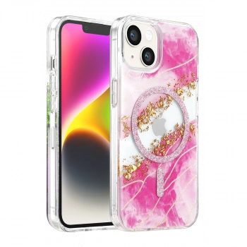 Onegif Apple İphone 14 Lotus Simli Magsafe Kapak - Pembe