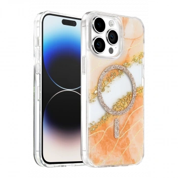 Onegif Apple İphone 15 Pro Max Lotus Simli Magsafe Kapak - Turuncu