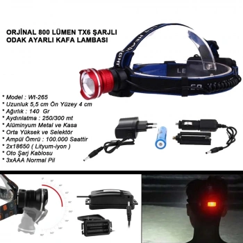 Orjinal 800 Lümen T6 Şarjlı Kafa Feneri  Wt-265