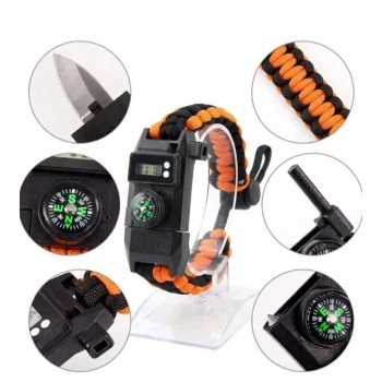 Paracord Dijital Saat Düdük Hayatta Kalma Turuncu Kamp Bilekliği