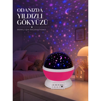 Pembe Döner Yıldız Projektörü Usb Ve Pilli Kullanımlı Gece Lambası