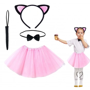 Pembe Renk Etekli Kedi Kostüm Seti (tütü, Taç, Papyon, Kuyruk)