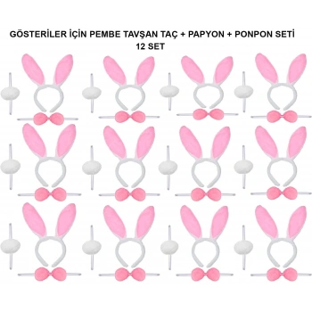 Pembe Tavşan Kostüm Seti – Taç, Papyon, Ponpon (12’li Paket)