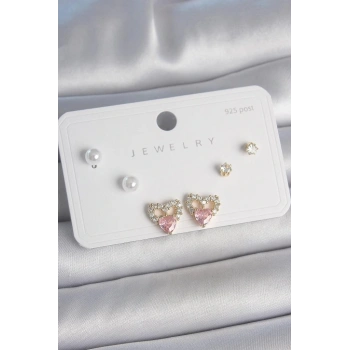 Pirinç Gold Renk Pembe Zirkon Taşlı Kalp Model İnci Detay 925 Ayar Kadın Küpe Seti - BKP10488 (599599)