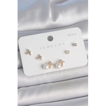 Pirinç Gold Renk Zirkon Taşlı Kelebek Model İnci Detay 925 Ayar Gümüş Çivi Kadın Küpe Seti -BKP10478 (599599)