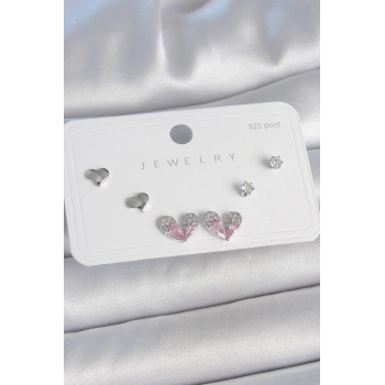 Pirinç Gümüş Renk Pembe Zirkon Taşlı Kalp Model 925 Ayar Gümüş Çivi Kadın Küpe Seti - BKP10493 (599599)