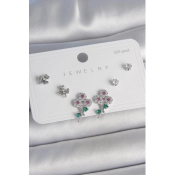 Pirinç Gümüş Renk Renkli Zirkon Taşlı Çiçek Model Yaprak Detay 925 Ayar Gümüş Çivi Kadın Küpe Seti - BKP10487 (599599)