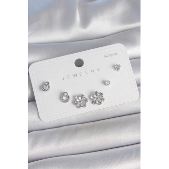Pirinç Gümüş Renk Zirkon Taşlı Kar Tanesi Model 925 Ayar Gümüş Çivi Kadın Küpe Seti - BKP10483 (599599)
