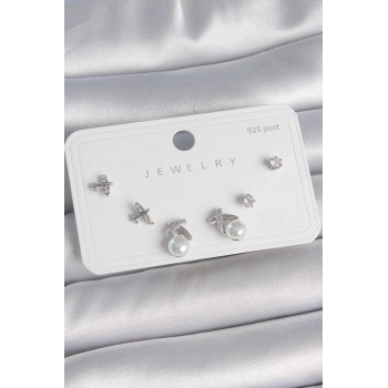 Pirinç Gümüş Renk Zirkon Taşlı Kelebek Model İnci Detay 925 Ayar Gümüş Çivi Kadın Küpe Seti-BKP10479 (599599)