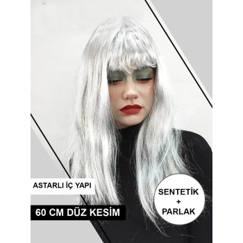 Platin Gri Gümüş Renk Uzun Parti Peruğu Uzun Takma Peruk