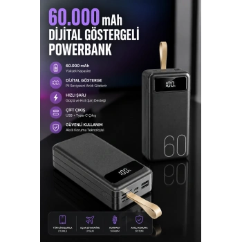 Powerbank 60.000 Mah Hızlı Şarj 4 Çıkışlı Uzun Şarj Süreli Dijital Göstergeli