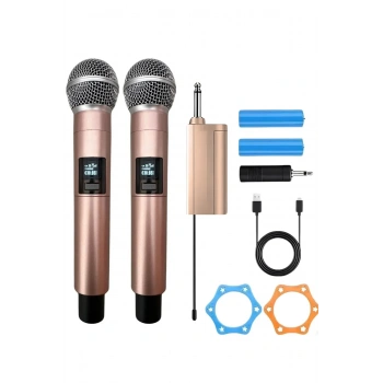 Profesyonel Çiftli Kablosuz Mikrofon Seti Karaoke Şarj Edilebilir 50 Metre Mesafe Rose