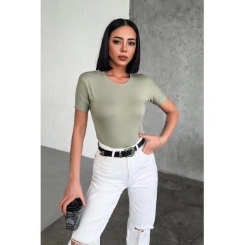 Rahat Ve Şık Kısa Kollu Bisiklet Yaka Likralı Viskon Penye Body Haki