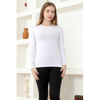 Rahat Ve Şık Uzun Kollu Bisiklet Yaka Likralı Viskon Penye Body Beyaz