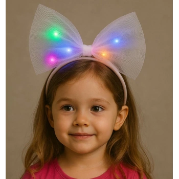 Rengarenk Led Işıklı Fiyonk Şekilli Tül Parti Tacı Beyaz Renk 25x25 Cm