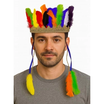 Rengarenk Tüylerle İşlenmiş Lastikli Kızılderili Başlığı