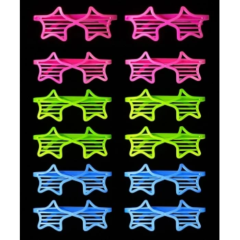 Retro Neon Fosforlu Yıldız Panjur Gözlük 12 Adet – 80’ler 90’lar Parti Stili