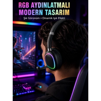 Rgb Işıklı Bluetooth Mikrofonlu Kulaklık Uzun Süreli Kullanım Type-c Şarjlı