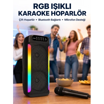 Rgb Işıklı Çift Hoparlörlü Taşınabilir Bluetooth Speaker Ve Mikrofon Yeni Nesil