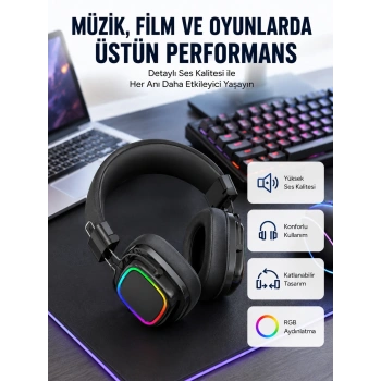 Rgb Işıklı Katlanabilir Bluetooth 5.3 Kulak Üstü Kulaklık