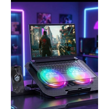 Rgb Işıklı Laptop Soğutucu Stand Çift Fanlı Sessiz Çalışan Ayarlanabilir