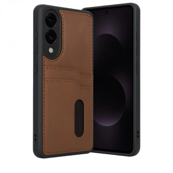 Samsung Galaxy S25 Edge Sara Kartvizitli Deri Kılıf - Taba