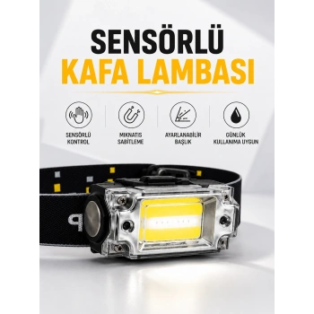 Sensör Kontrollü Şarjlı Beyaz Led Kafa Lambası Ve El Feneri