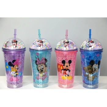 Sevimli Mickey Mouse Işıklı Pipetli Boncuklu Suluk & Bardak 400 Ml Alk3147