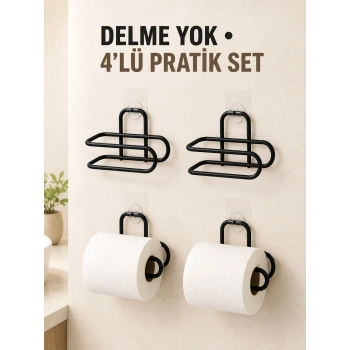 Siyah 4 Adet Metal Tuvalet Kağıdı Tutucu Kendinden Yapışkanlı Delmeden Montaj Banyo Askısı