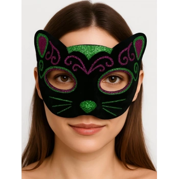 Siyah Kadife Kaplama Üzeri Pembe Yeşil Sim İşlemeli Kedi Maskesi 20x13 Cm