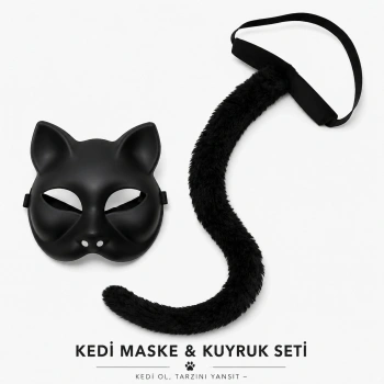 Siyah Kedi Maskesi Ve Peluş Kuyruk Kostüm Seti 70 Cm