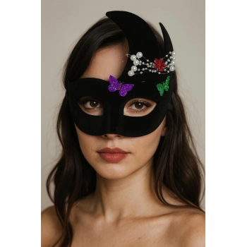Siyah Renk İncili Taşlı Süet Kaplama Venedik Parti Maskesi 20x22 Cm
