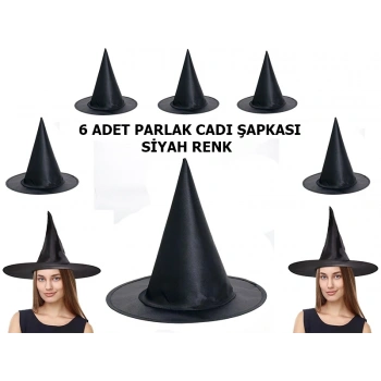 Siyah Renk Parlak Dralon Cadı Şapkası Yetişkin Ve Çocuk Uyumlu 6 Adet