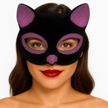 Siyah Renk Pembe Simli Süet Kaplama Kedi Maskesi 18x14 Cm