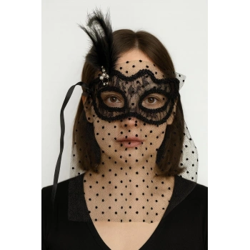 Siyah Renk Siyah Puantiyeli Duvaklı İncili Parti Maskesi