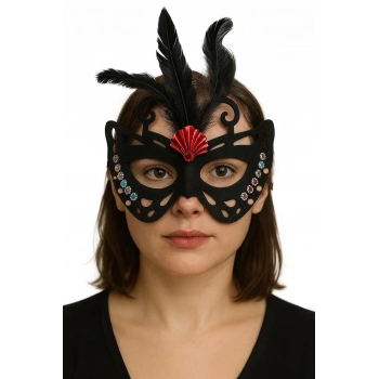 Siyah Renk Siyah Süet Kaplama Tüylü Kelebek Figür Parti Maskesi 24x18 Cm