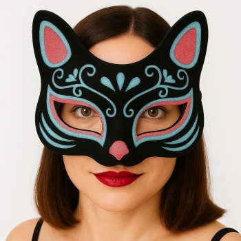 Siyah Renk Süet Kaplama Üzeri Mavi Kırmızı Simli Kedi Maskesi 17x14 Cm